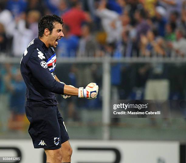 Gianluca Curci of UC Sampdoria Genoa celebrates his team's opening goal scored by Giampaolo Pazziniduring the Champions League Play-off match between...
