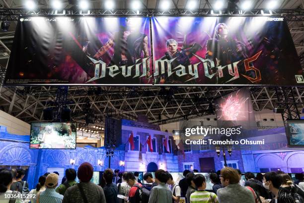 Attendees wait to enter the Capcom Co.'s Devil May Cry 5 booth during the Tokyo Game Show 2018 on September 20, 2018 in Chiba, Japan. The Tokyo Game...
