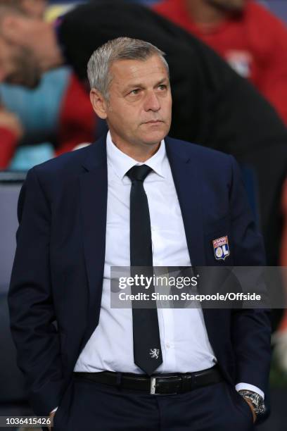 Lyon coach Bruno Genesio looks on during the Group F match of the UEFA Champions League between Manchester City and Olympique Lyonnais at the Etihad...