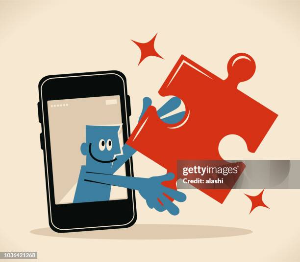 blue man from smart phone holding jigsaw piece - digital marketing tools stock illustrations