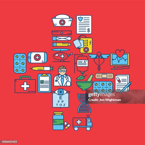 medical line icon set - cross - eye chart stock illustrations