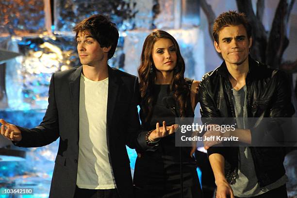 Actors Ian Somerhalder, Nina Dobrev and Paul Wesley onstage during Spike TV's Scream 2009 held at the Greek Theatre on October 17, 2009 in Los...