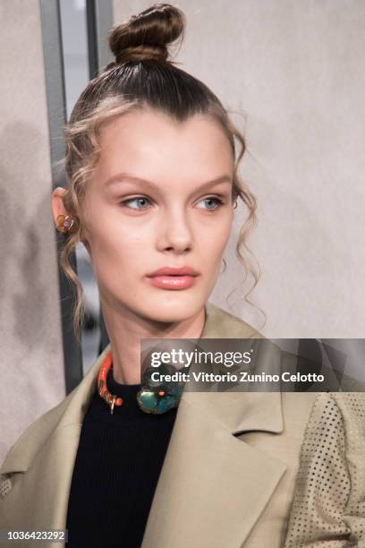 Model is seen backstage ahead of the Fendi show during Milan Fashion Week Spring/Summer 2019 on September 20, 2018 in Milan, Italy.