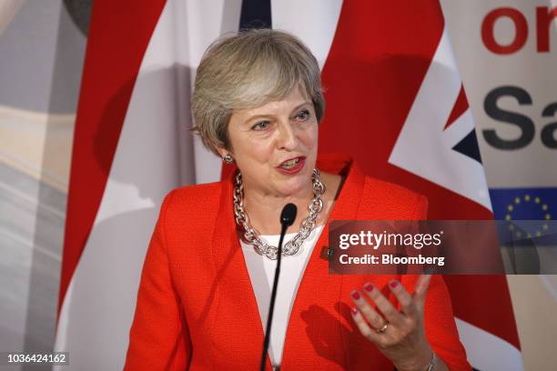 Theresa May, U.K. Prime minister, gestures as she speaks during a news conference at an informal meeting of European Union leaders in Salzburg,...