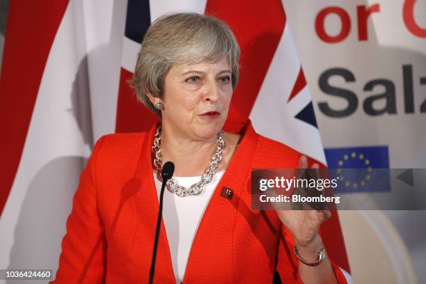 Theresa May, U.K. Prime minister, gestures as she speaks during a news conference at an informal meeting of European Union leaders in Salzburg,...