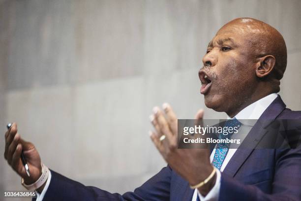 Lesetja Kganyago, governor of South Africa's central bank, speaks during a news conference following a Monetary Policy Committee meeting in Pretoria,...