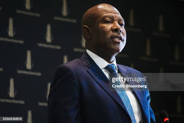 Lesetja Kganyago, governor of South Africa's central bank, speaks during a news conference following a Monetary Policy Committee meeting in Pretoria,...