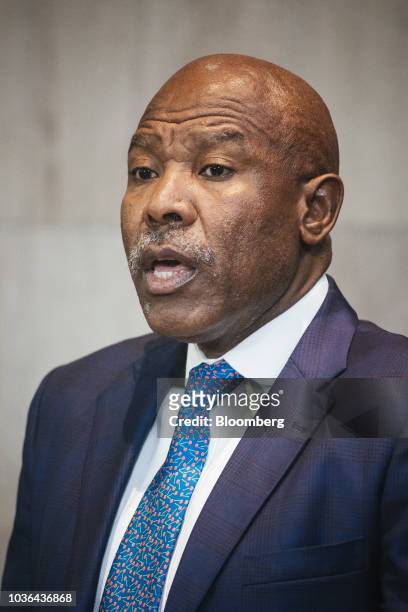 Lesetja Kganyago, governor of South Africa's central bank, speaks during a news conference to announce interest rates in Pretoria, South Africa, on...