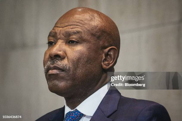 Lesetja Kganyago, governor of South Africa's central bank, looks on during a news conference to announce interest rates in Pretoria, South Africa, on...