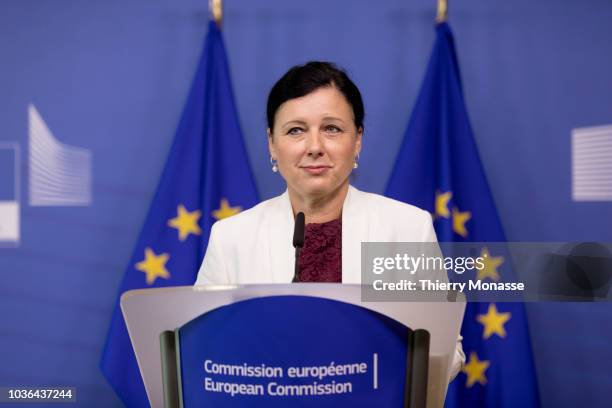 Commissioner for Justice, Consumers and Gender Equality Vera Jourova talks to journalists during a news conference at the European Commission...