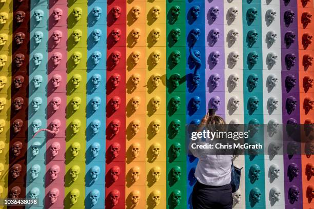 Woman takes a photograph of artwork by Ahmet Gunestekin on display at Contemporary Istanbul on September 20, 2018 in Istanbul, Turkey. The 13th...