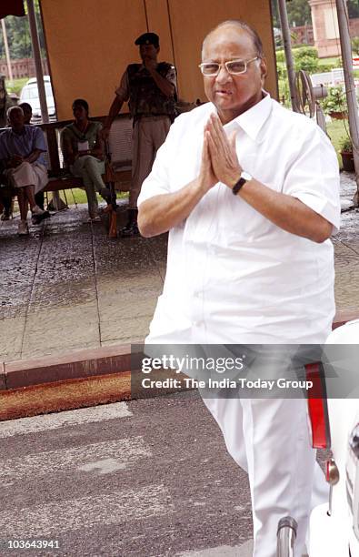 Union Agriculture Minister Sharad Pawar outside Parliament in New Delhi on Wednesday, August 25, 2010.