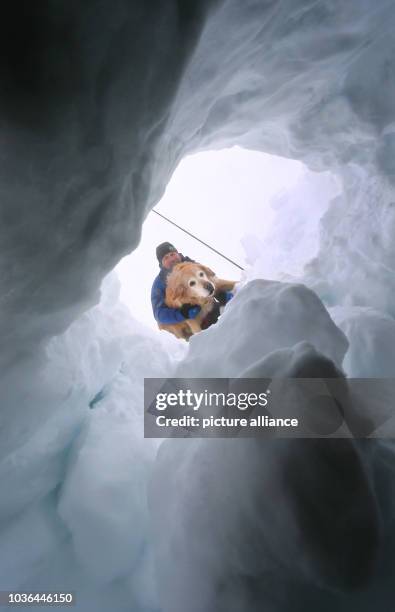 Participant of the winter rescue training of the Allgaeu alpine rescue service contacts a person burried under the snow that was located by search...