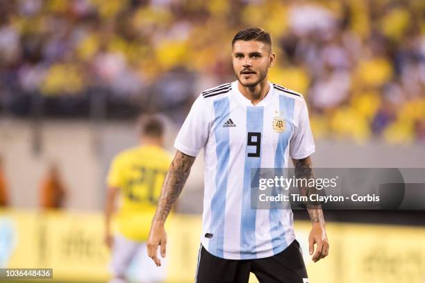 September 11: Mauro Icardi of Argentina in action during the Argentina Vs Colombia International Friendly football match at MetLife Stadium on...