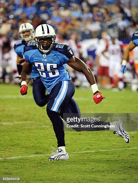 Myron Rolle of the Tennessee Titans defends against the Arizona Cardinals during a preseason game at LP Field on August 23, 2010 in Nashville,...
