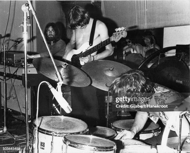 Rick Wright, Roger Waters and Nick Mason of Pink Floyd perform on stage in Novemeber 1971 in Rotterdam, Netherlands.