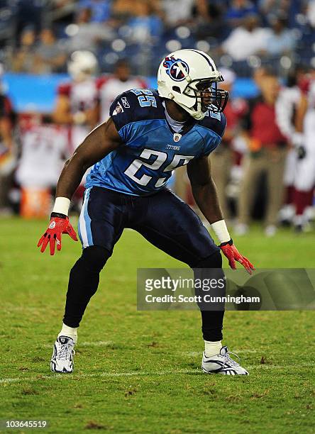 Myron Rolle of the Tennessee Titans defends against the Arizona Cardinals during a preseason game at LP Field on August 23, 2010 in Nashville,...