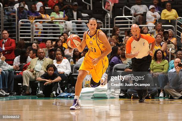 Ticha Penicheiro of the Los Angeles Sparks drives fast during the WNBA game against the Minnesota Lynx on August 20, 2010 at Staples Center in Los...