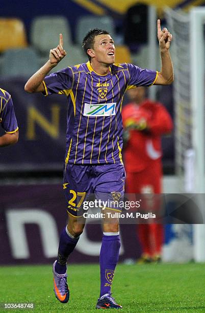 Josip Ilicic of Maribor celebrates his team's second goal during the Europa League play-offs second leg match between NK Maribor and US Citta di...