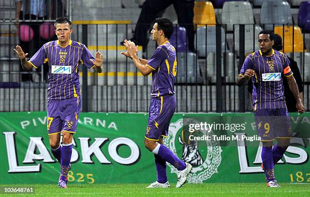 Josip Ilicic of Maribor celebrates after scoring his team's second goal during the Europa League play-offs second leg match between NK Maribor and US...
