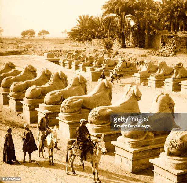 General view of the Temple of Hathor showing rows of sphinxes in front of the first pylon, Karnak, 1910. Boys riding on donkeys are visible in the...