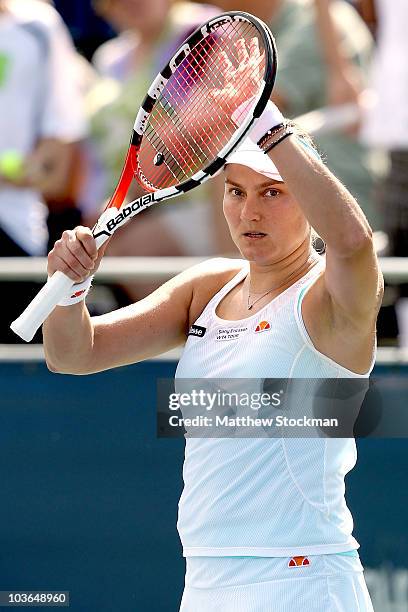 Nadia Petrova of Russia celebrates her win over Samantha Stosur of Australia during the Pilot Pen tennis tournament at the Connecticut Tennis Center...