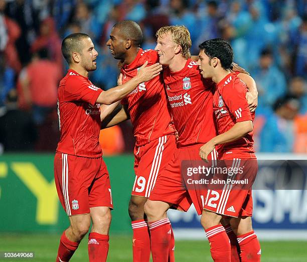 Dirk Kuyt of Liverpool celebrates after scoring the second for Liverpool during the Europa League play off, 2nd leg match between Trabzonspor and...