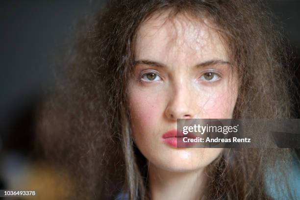 Model is seen backstage ahead of the Luisa Beccaria show during Milan Fashion Week Spring/Summer 2019 on September 20, 2018 in Milan, Italy.