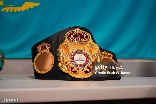 World Middleweight Title: Closeup of Super Champion World Boxing Association - WBA title belt before Canelo Alvarez vs Gennady Golovkin fight at...