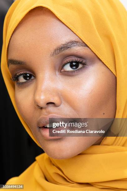 Model Halima Aden is seen backstage ahead of the Max Mara show during Milan Fashion Week Spring/Summer 2019 on September 20, 2018 in Milan, Italy.