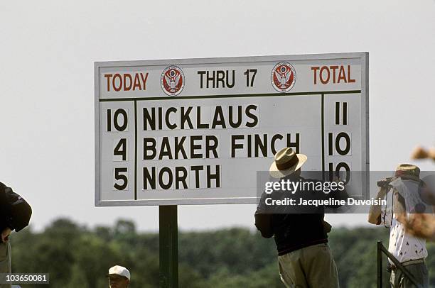 View of leaderboard with group scores of Jack Nicklaus, Ian Baker Finch and Andy North during Friday play at Shinnecock Hills. Southampton, NY...