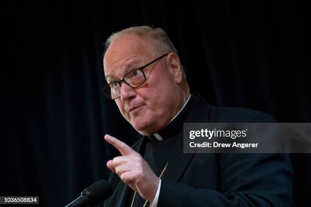 Cardinal Timothy Dolan, archbishop of New York, speaks during a news conference at the headquarters of the Archdiocese of New York, September 20,...
