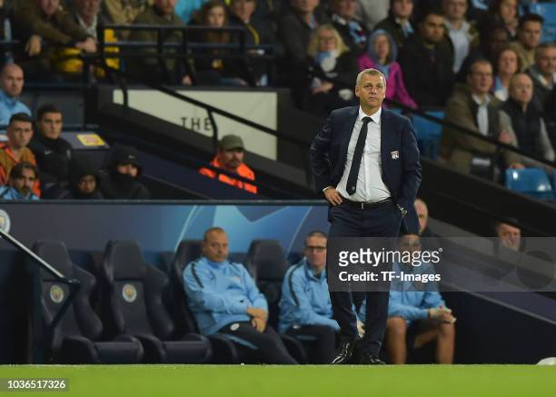 Head coach Bruno Genesio of Lyon looks on during the UEFA Champions League Group F match between Manchester City and Olympique Lyonnais at Etihad...