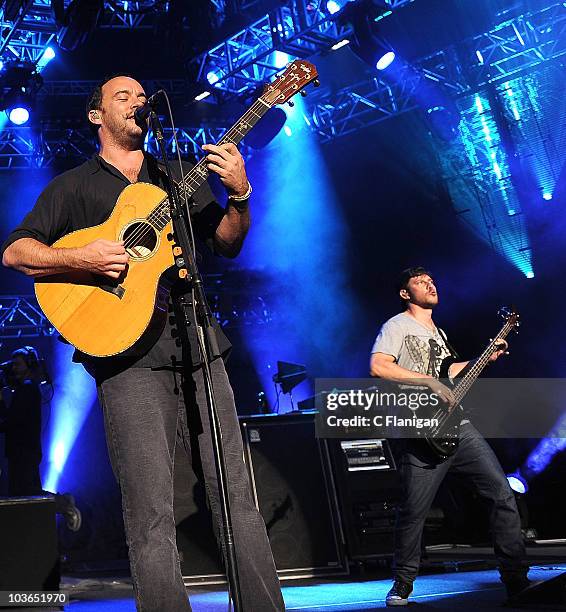 Vocalist/Guitarist Dave Matthews and Stefan Lessard of The Dave Matthews Band perform at Sleep Train Amphitheatre on August 25, 2010 in Concord,...