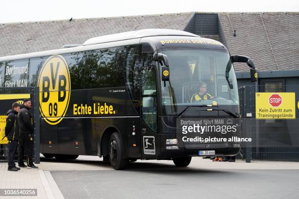 Team bus arrives at the training grounds of Borussia Dortmund in Dortmund, Germany, 12 April 2017. Three explosions occurred next to the team bus of...