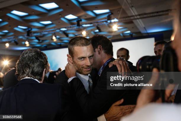 Aleksander Ceferin accepting congratulations from other Football association members as he has elected the new UEFA President during the 12th UEFA...