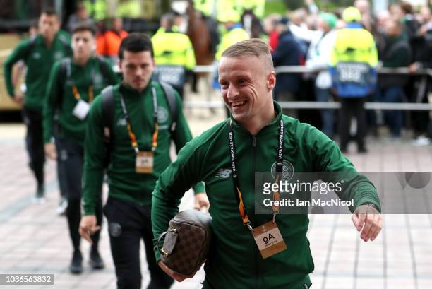 Leigh Griffiths of Celtic arrives at the stadium prior to the UEFA Europa League Group B match between Celtic and Rosenborg at Celtic Park on...