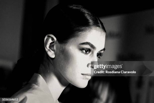 Model Kaia Gerber is seen backstage ahead of the Max Mara show during Milan Fashion Week Spring/Summer 2019 on September 20, 2018 in Milan, Italy.