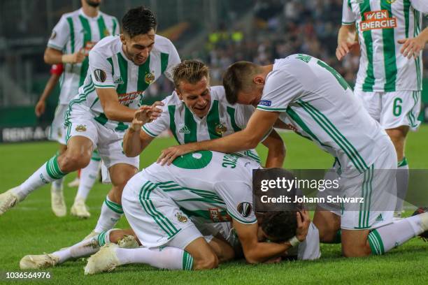 The rejoicing of Andrei Ivan of Rapid, Stefan Schwab of Rapid, Dejan Ljubicic of Rapid, scorer Mert Muelduer of Rapid and Mateo Barac of Rapid during...