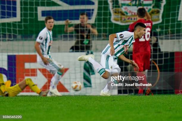 Mert Muelduer of Rapid celebrates after scoring a goal during the UEFA Europa League match between SK Rapid Wien v Spartak Moscow at Allianz Arena on...