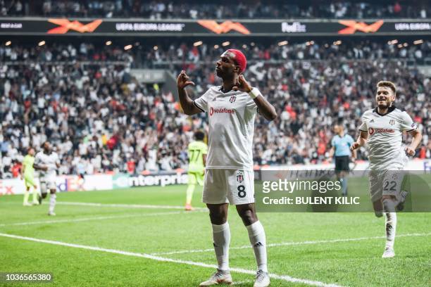 Besiktas' Ryan Babel celebrates after scoring a goal during the UEFA European League Group I football match between Besiktas and Sarpsborg at...