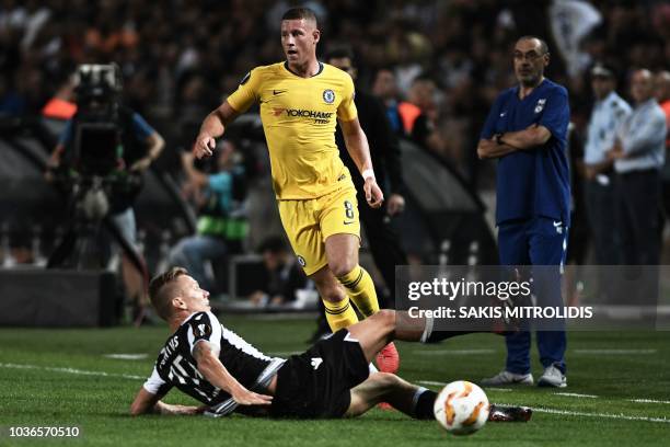 Chelsea's English midfielder Ross Barkley vies for the ball with PAOK's Swedish midfielder Pontus Wernbloom during the UEFA Europa League Group L...