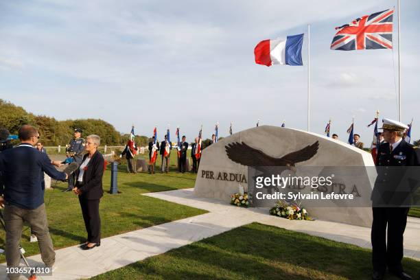 Genevieve Darrieussecq , junior minister attached to French Minister of the Armed Forces talks with jouornalists as she attends the commemoration of...