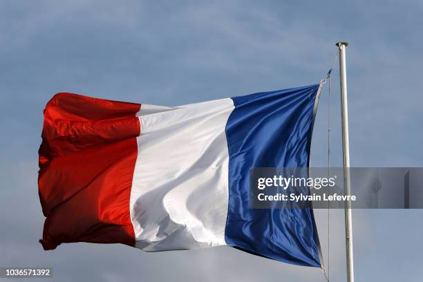 Flag of France is seen during the commemoration of centenary of the Royal Air Force , at the Cemetery des Souvenirs in Longuenesse, near Saint-Omer,...