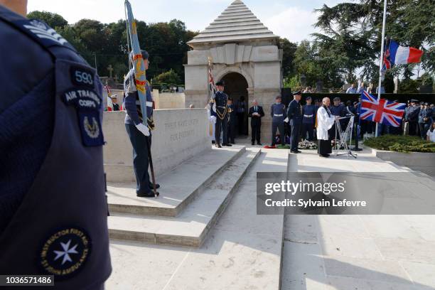 Soldiers stand guard during the commemoration of centenary of the Royal Air Force , at the Cemetery des Souvenirs in Longuenesse, near Saint-Omer, on...