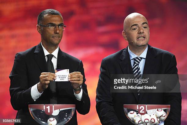 Giuseppe Bergomi ex Juventus and Italy footballer alongside UEFA General Secretary Gianni Infantino during the UEFA Europa League Group Stage Draw at...