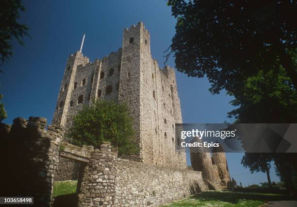 General view of Rochester Castle which stands on the east bank of the River Medway, Rochester, Kent circa 1985.