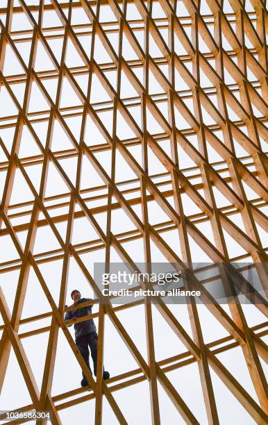 An employee of the company Elite Holzbau standing on the carcass of a production hall made of spruce wood in the industrial park in Herzfelde,...