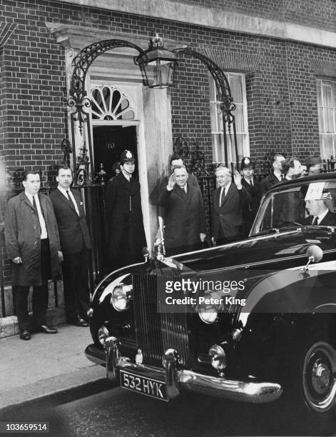 British Prime Minister Harold Wilson with Soviet statesman Alexei Kosygin outside 10 Downing Street, London, 6th February 1967.