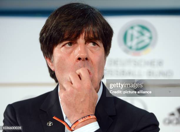 Head coach of the German national soccer team Joachim Loew looks on during a press conference at the headquarters of the German Football Association...